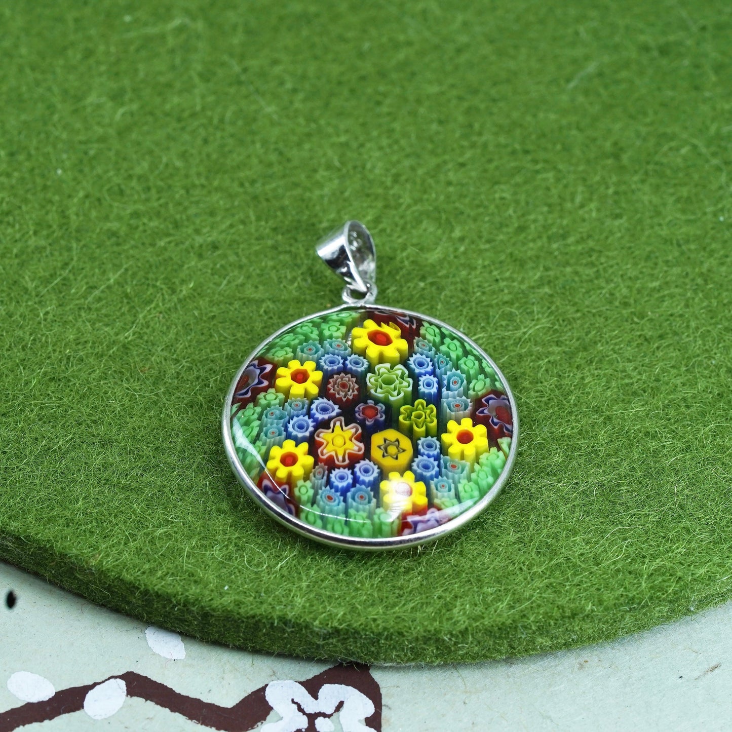 Italy sterling 925 silver w/ handmade artisan green murano floral glass pendant