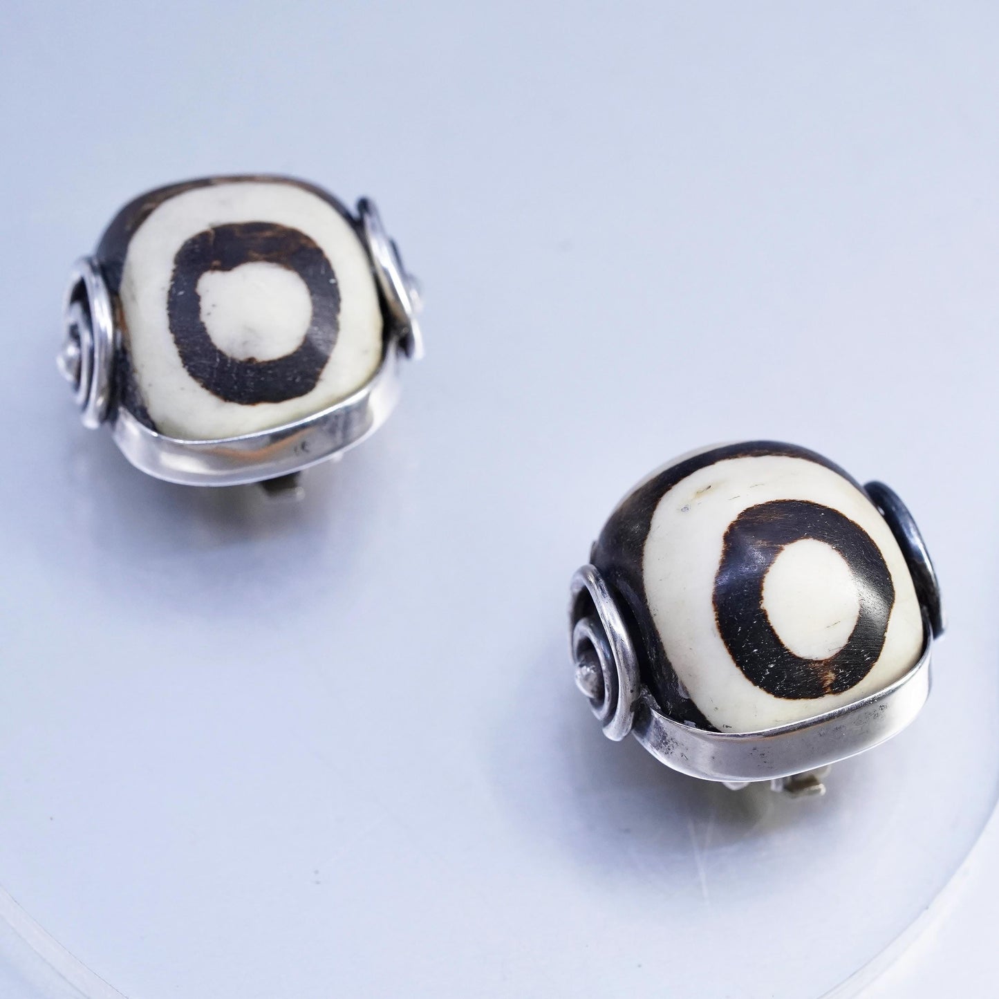 Artisan SIGNED David Sterling 925 Silver Handmade Dzi Gemstone Clip Earrings