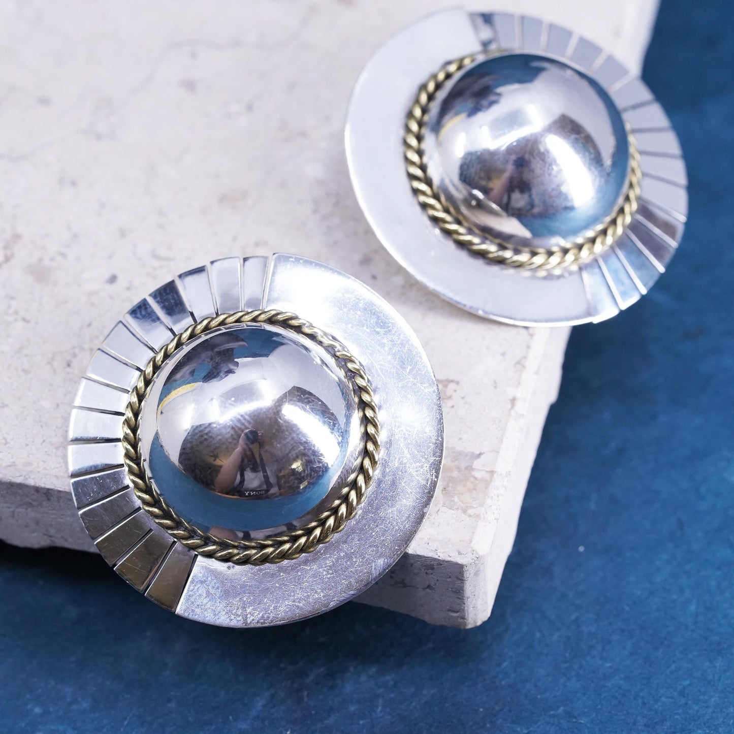 two tone Mexican Sterling silver earrings, 925 sun circle clip on brass cable