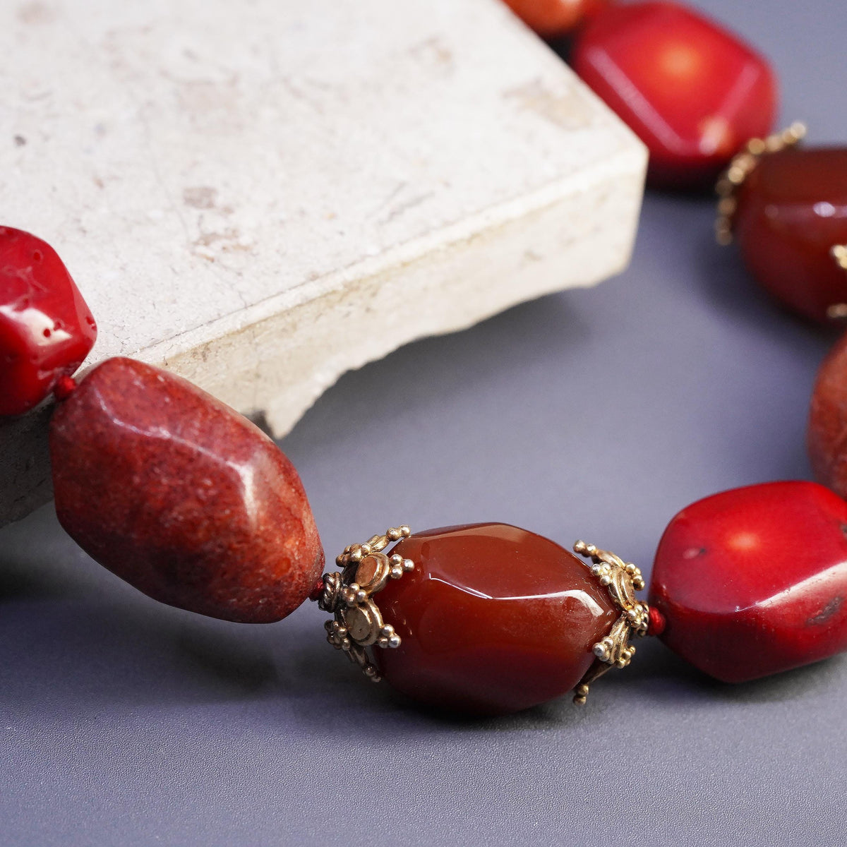 20+1", LUC Vermeil Gold Sterling 925 Silver necklace coral carnelian nuggets