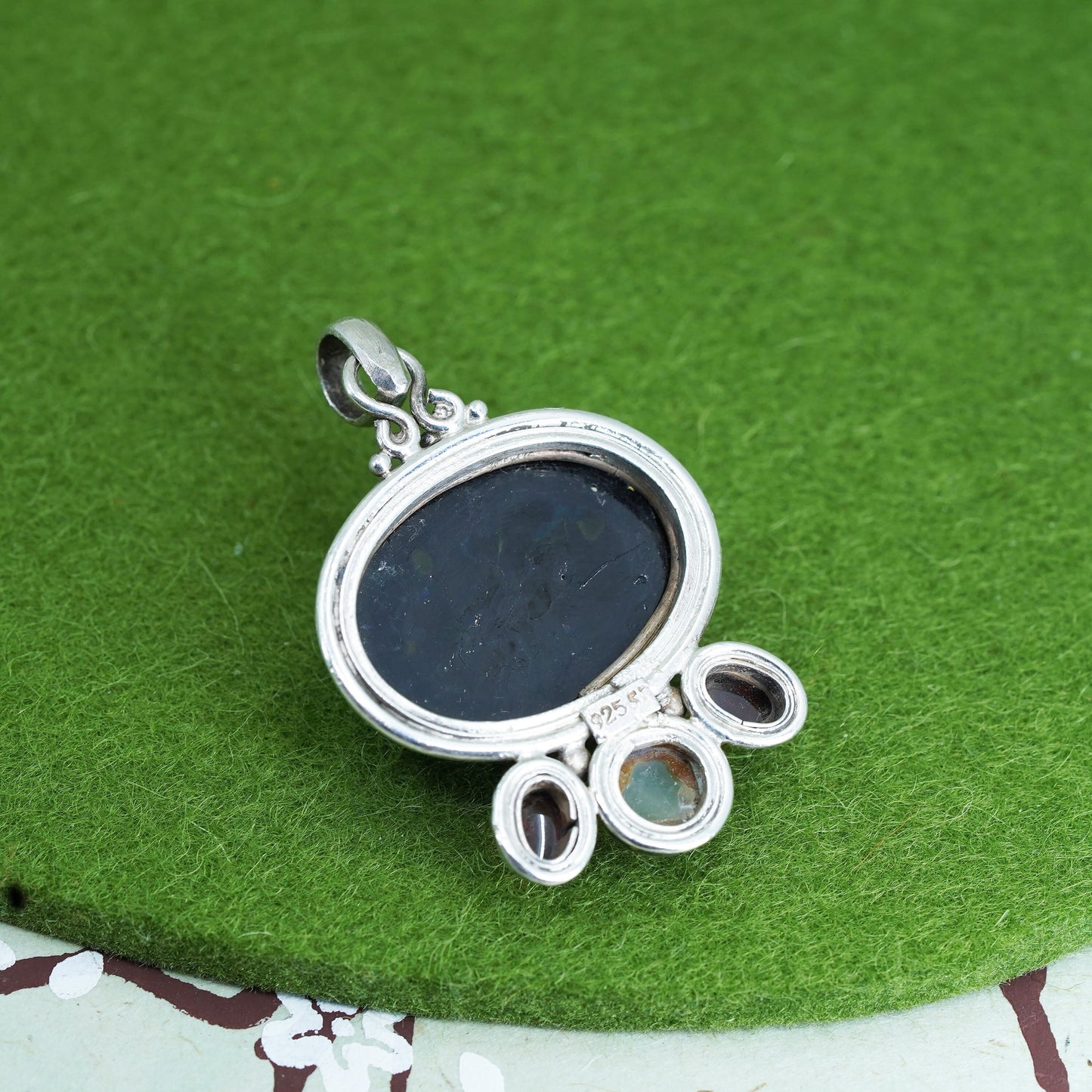 Mexico sterling silver with square dichroic foiled glass pendant garnet details