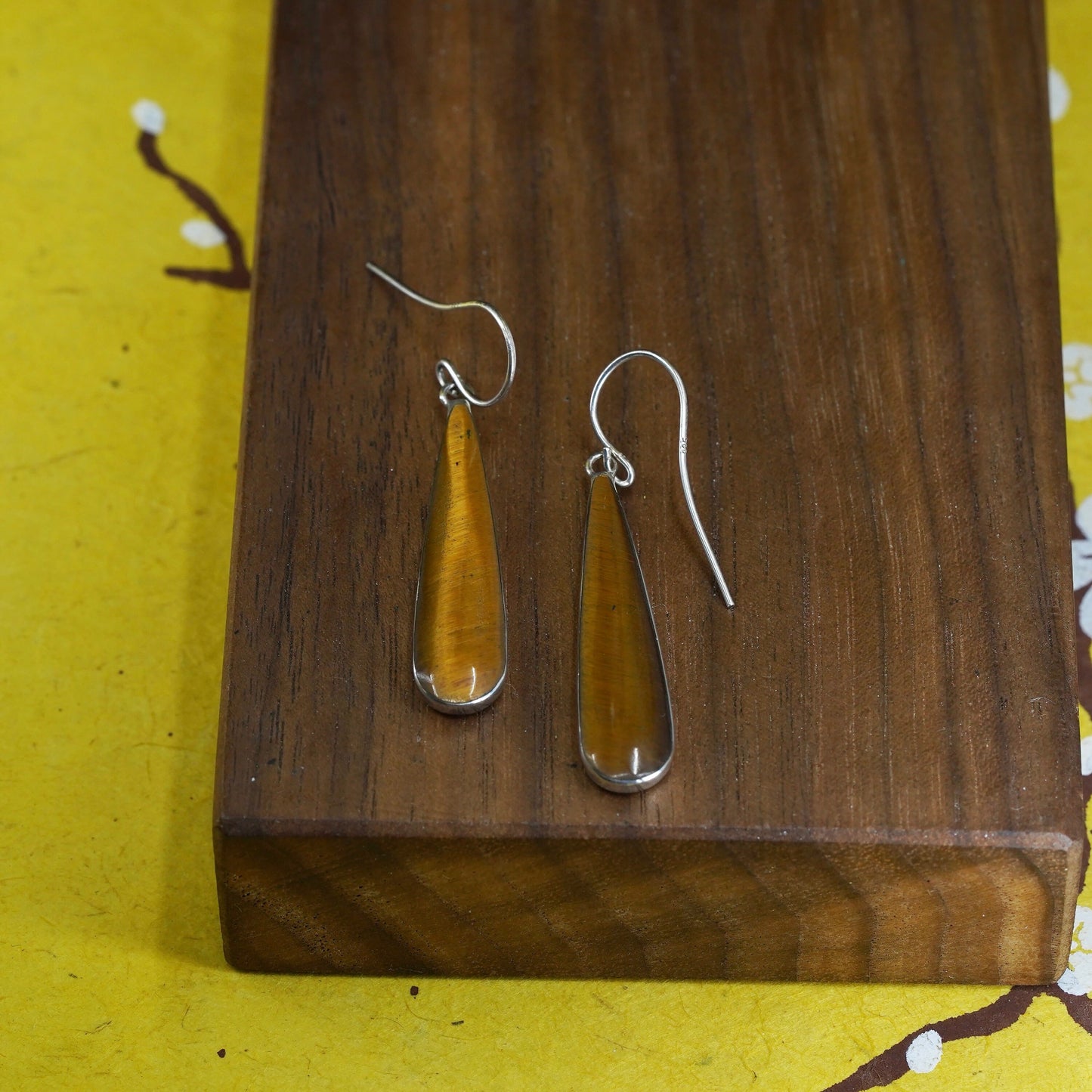 Vintage Sterling 925 silver handmade teardrop earrings with golden tiger eye