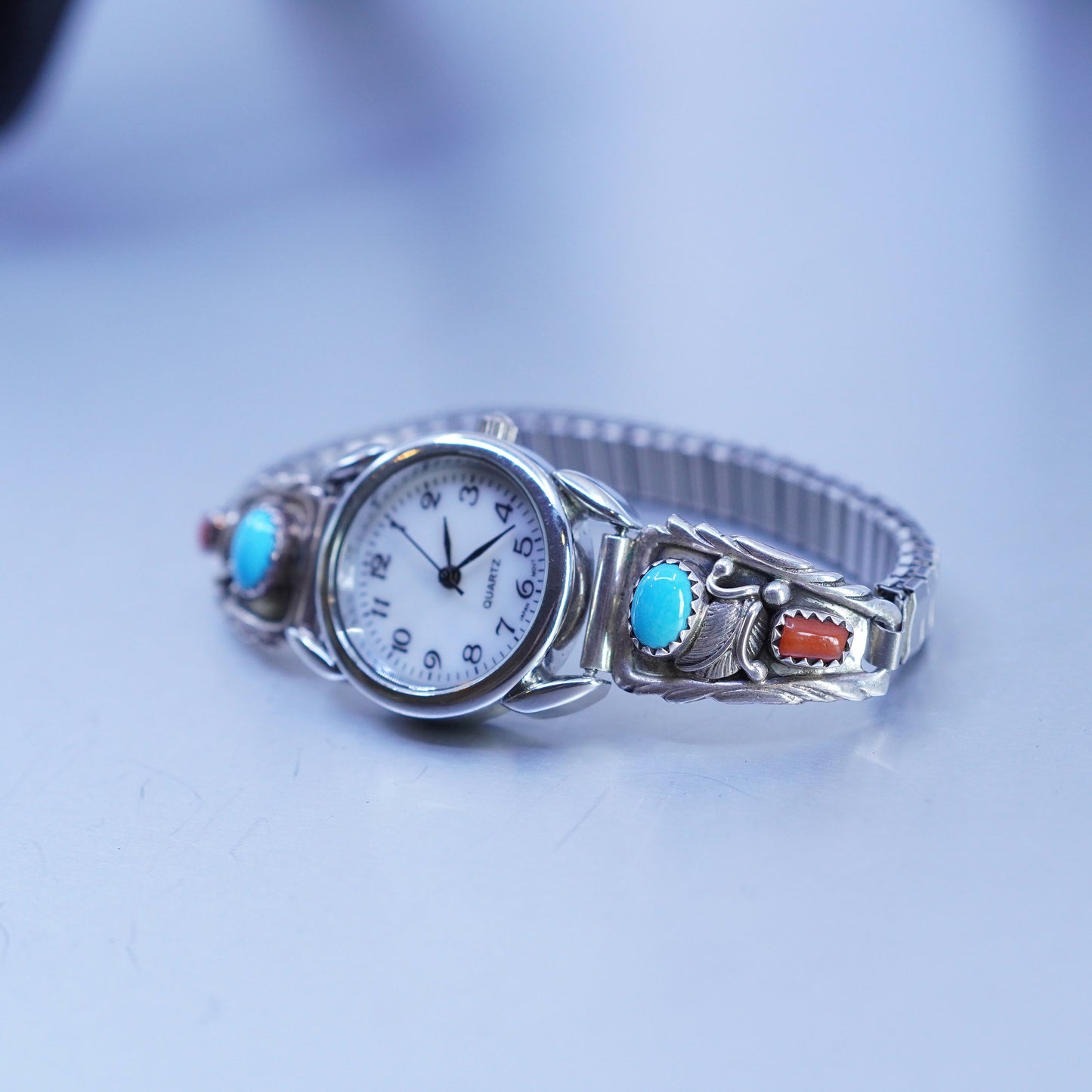 6”, Navajo Richard Begay Quartz Watch Sterling 925 silver turquoise coral Face