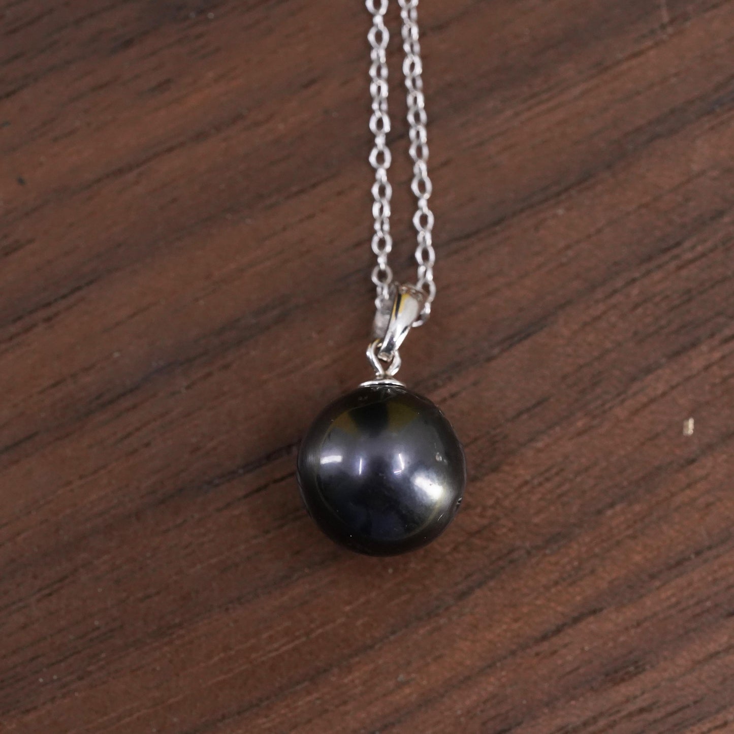 18", VTG sterling silver handmade necklace, 925 circle chain 10mm black pearl