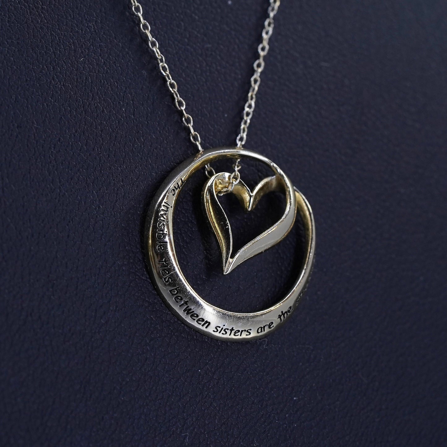 18”, vermeil gold Sterling 925 silver necklace heart pendant ties sisters