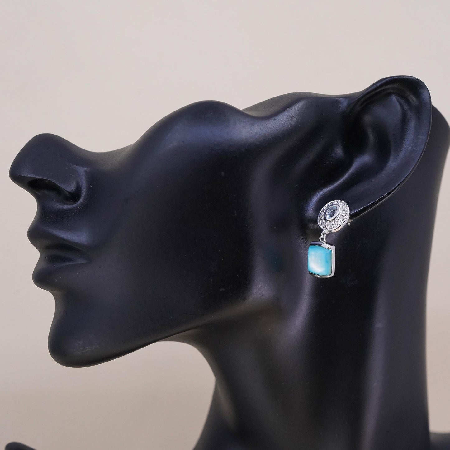 Vintage sterling 925 silver handmade single earring w/ blue mother of pearl cz