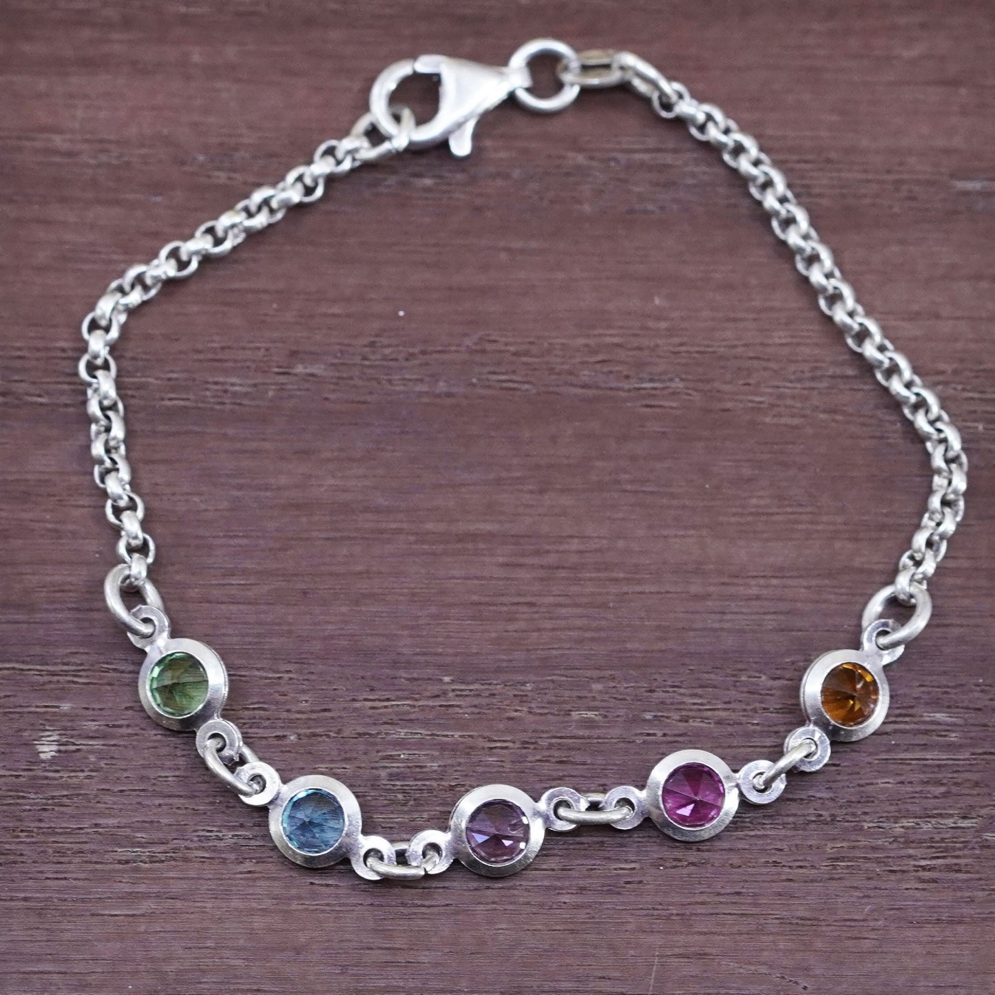6.75”, Italian 925 Sterling silver bracelet 925 circle chain colorful gemstones