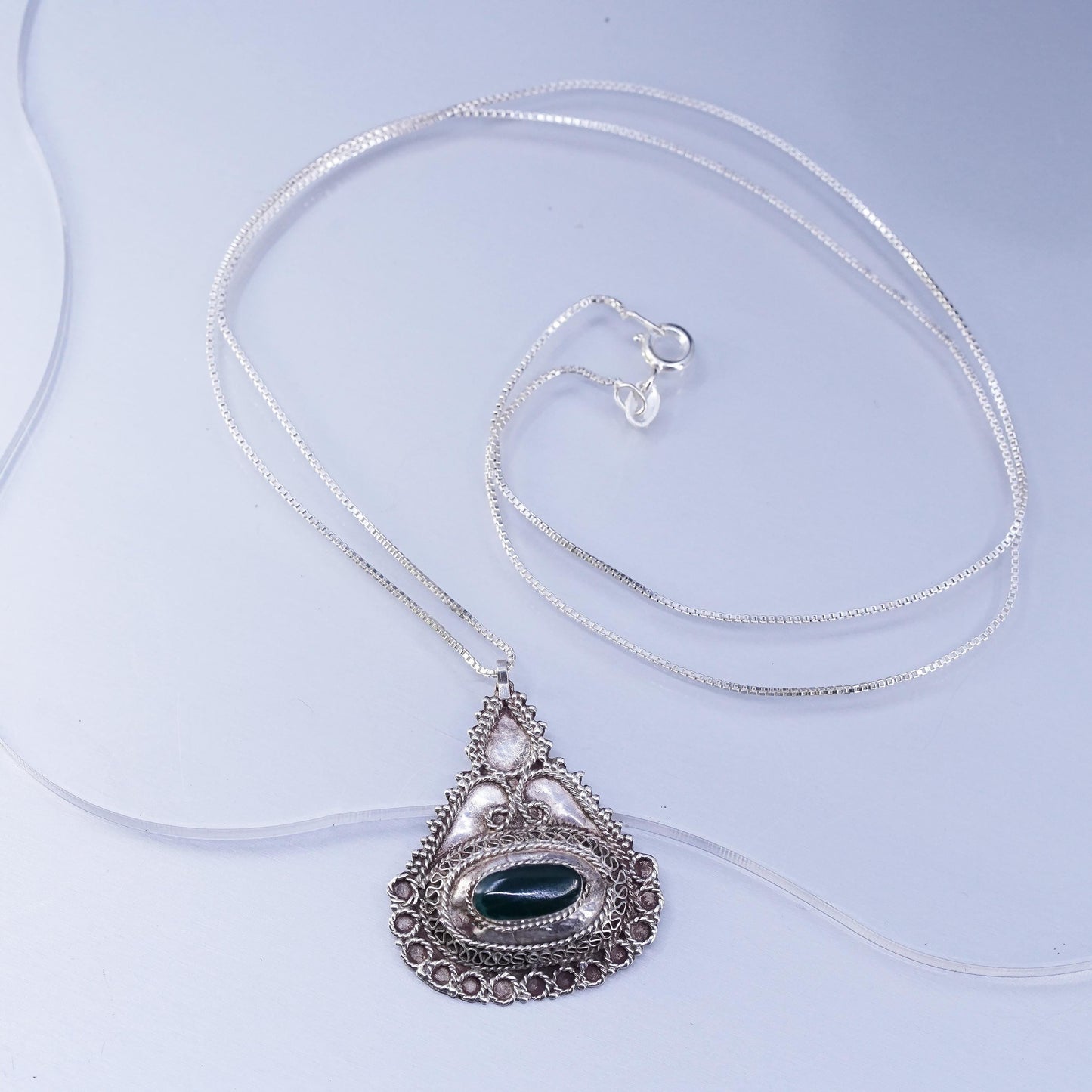 24” 1mm, vintage Italian Sterling 925 silver box chain necklace with beaded pendant and jade