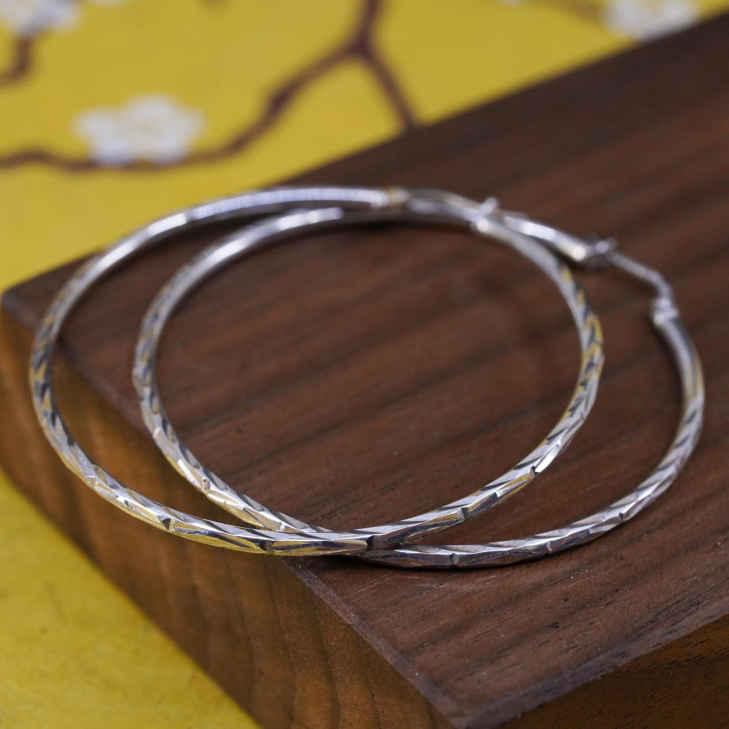 2", vintage Sterling silver handmade earrings, 925 hoops diamond cut textured