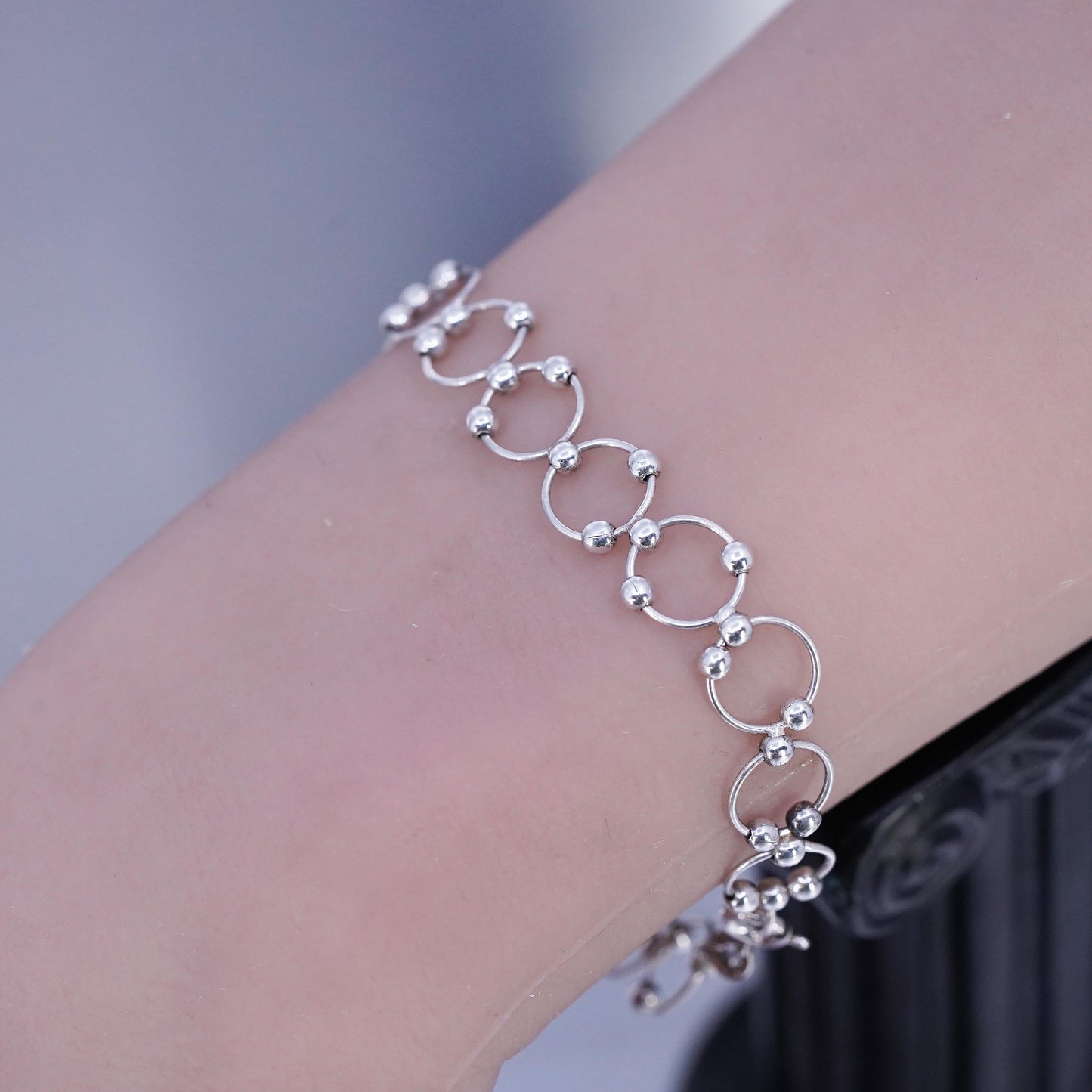 6.75" 10mm, Vintage Jewelry Sterling 925 silver bracelet, circle chain w/ beads