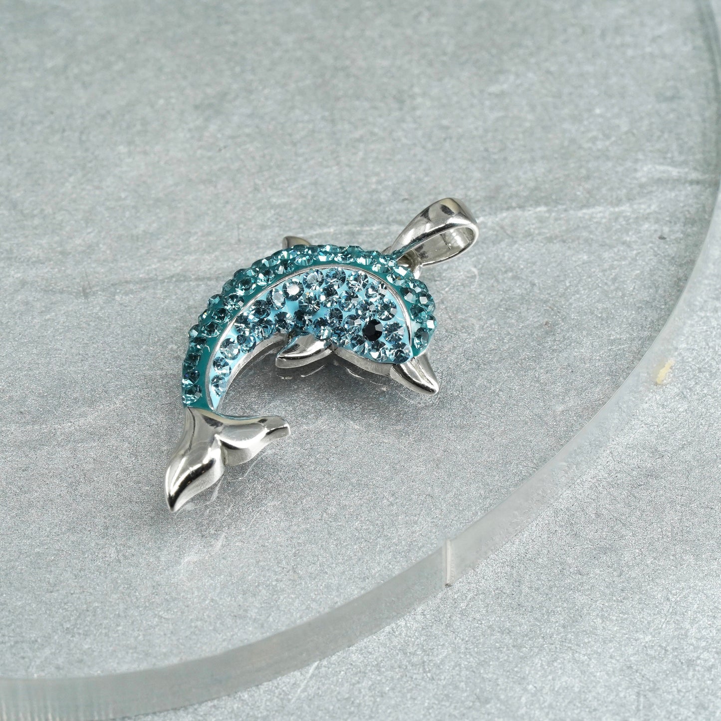 Vintage Sterling silver handmade 925 dolphin charm pendant with cluster cz