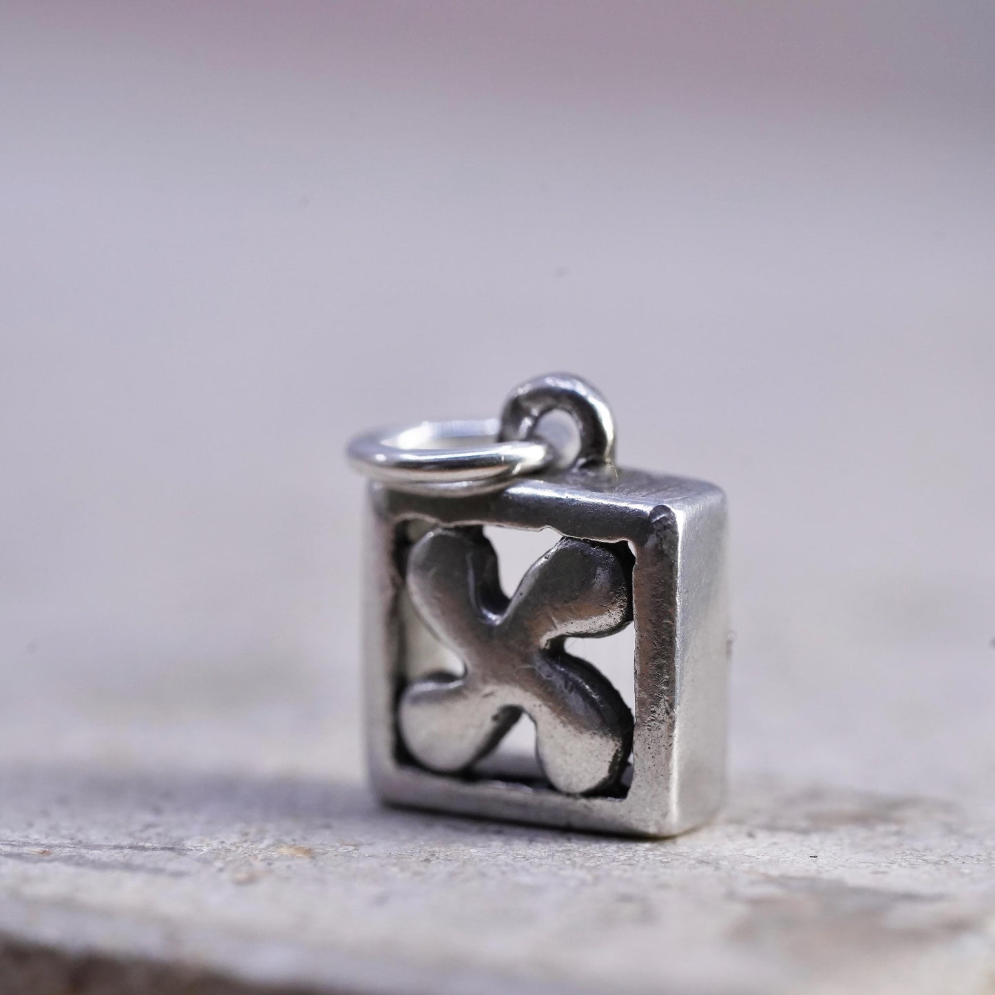 Vintage sterling 925 silver handmade pendant, square charm