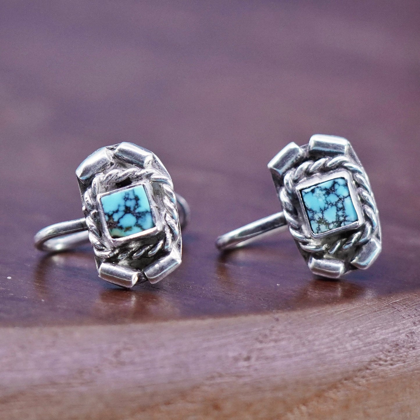 Native American Sterling silver screw back earrings spiderwebbed turquoise