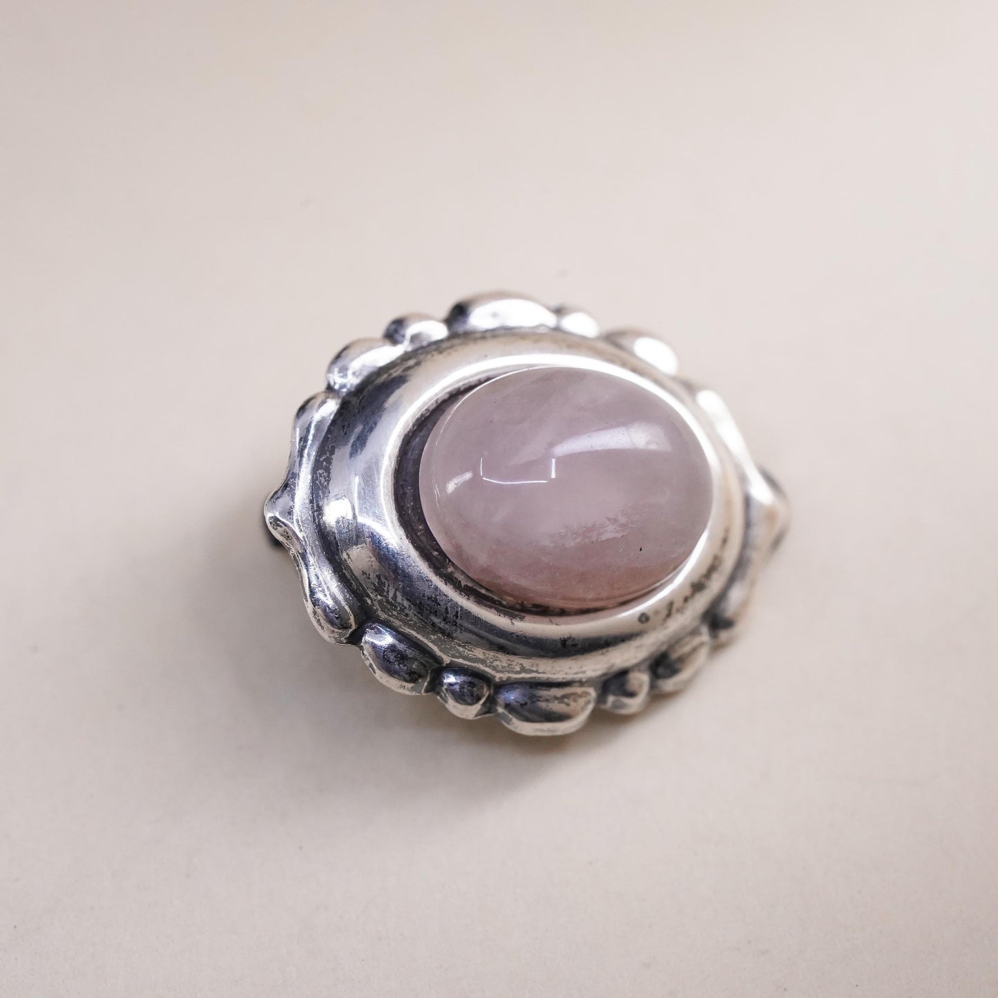 Vintage sterling silver handmade single earring, 925 clip on pink rose quartz