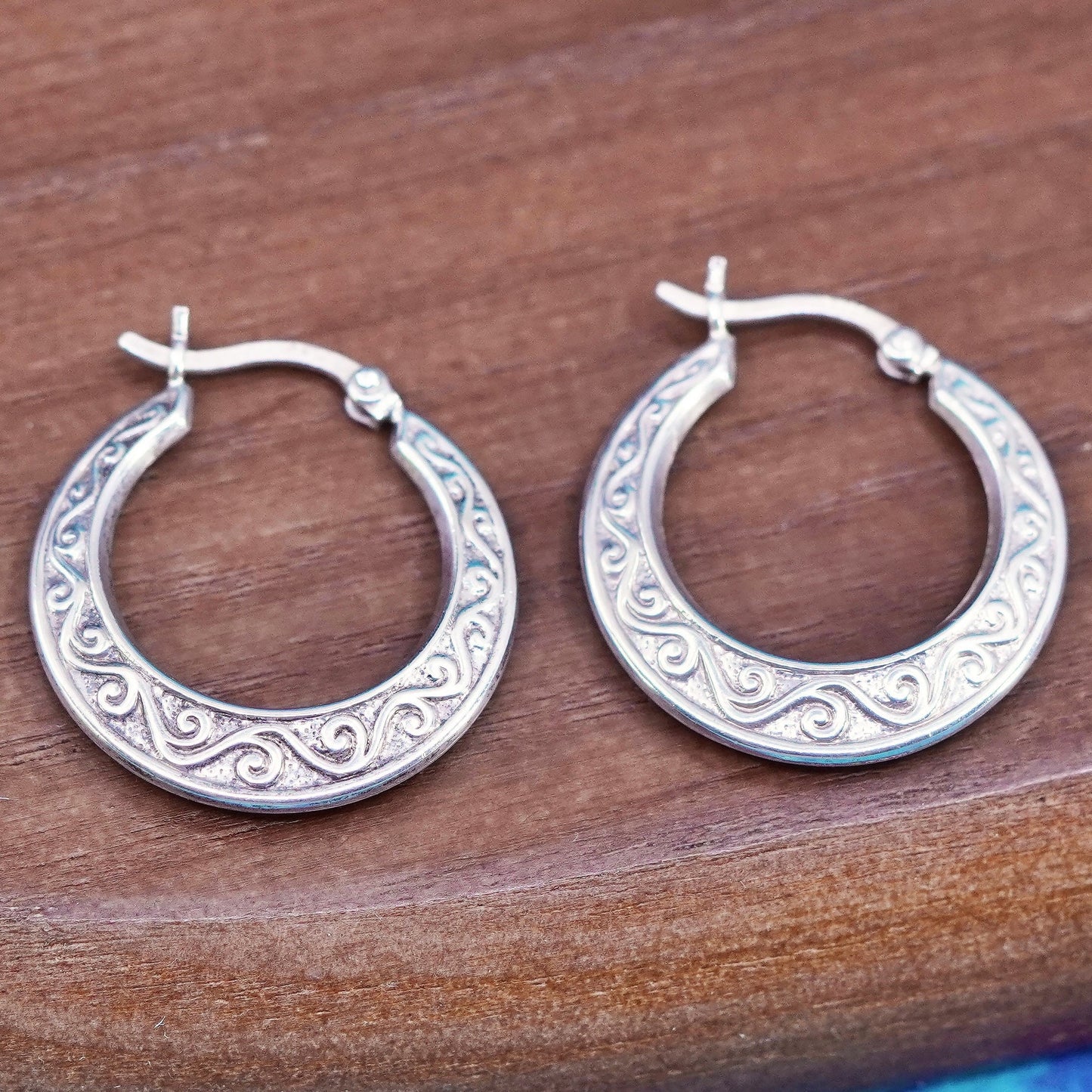 1”, vintage Sterling silver handmade earrings, textured 925 hoops, huggie