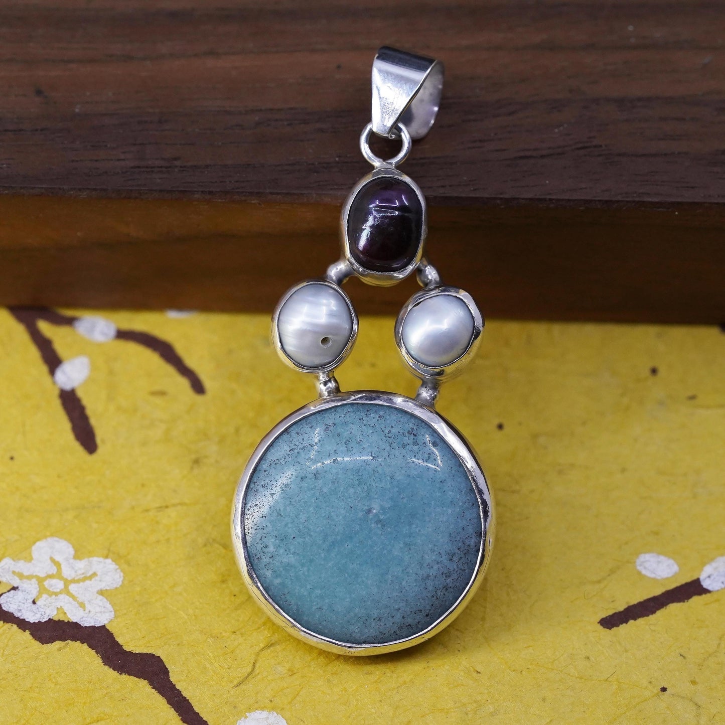 Vintage sterling silver pendant, southwestern 925 grapes with jade and pearls