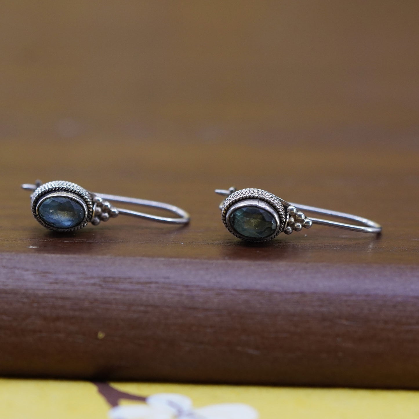 Vintage Sterling 925 silver handmade earrings with oval blue topaz