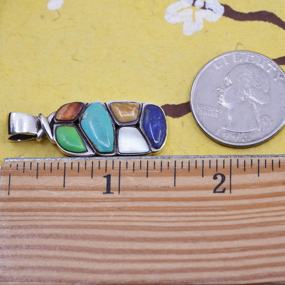 Vintage Sterling Silver 925 Multi Stone Turquoise Lapis Mother of Pearl Pendant