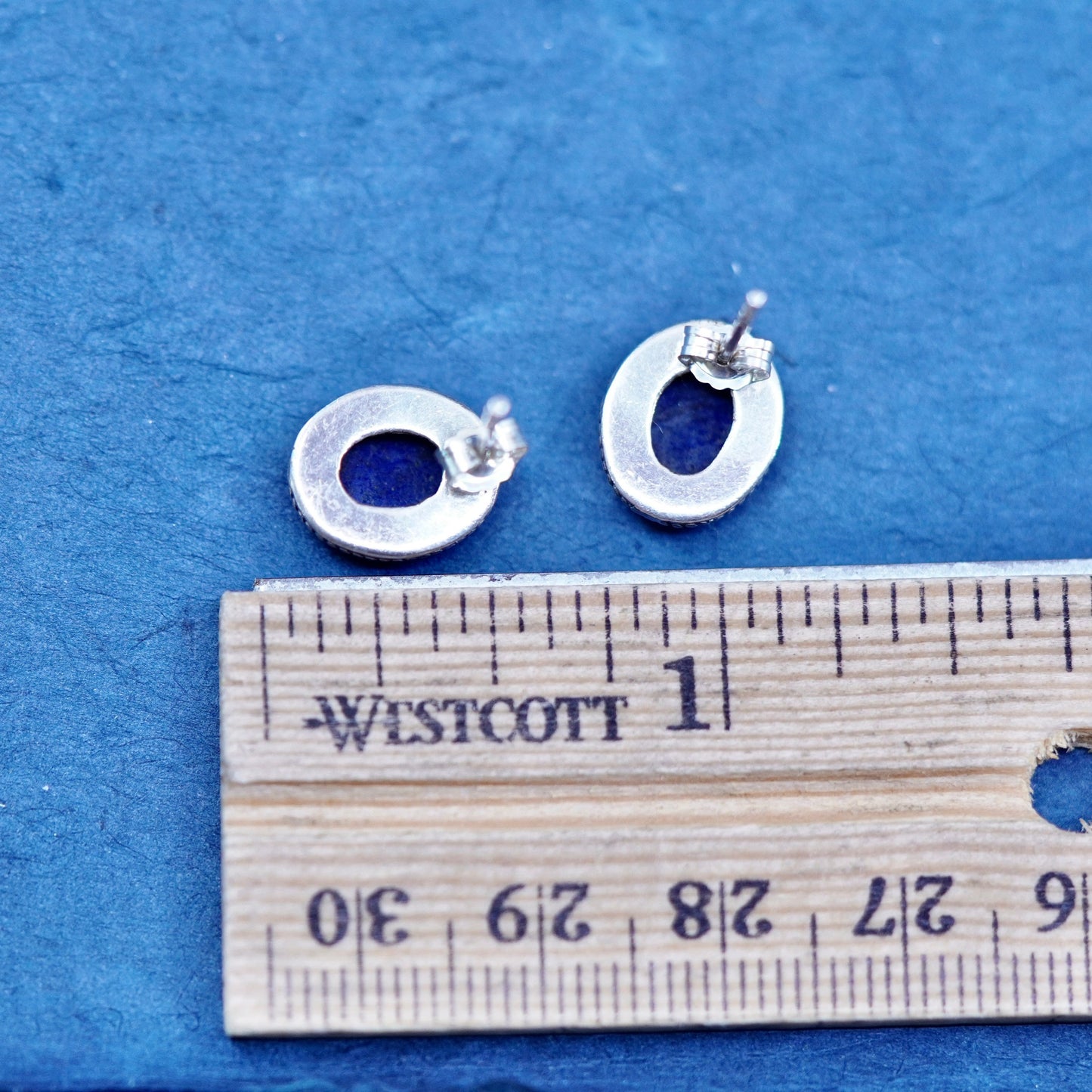 Vintage sterling silver handmade earrings, 925 oval studs lapis lazuli cable