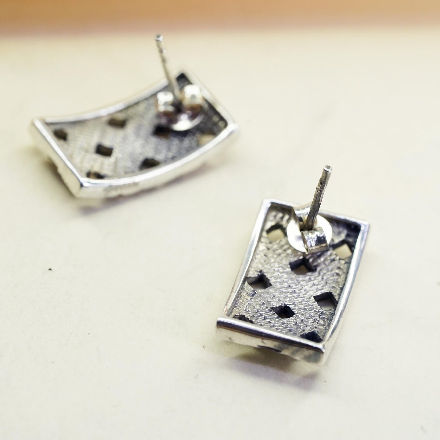 Vintage Sterling silver handmade rugtangular earrings, 925 woven braided studs