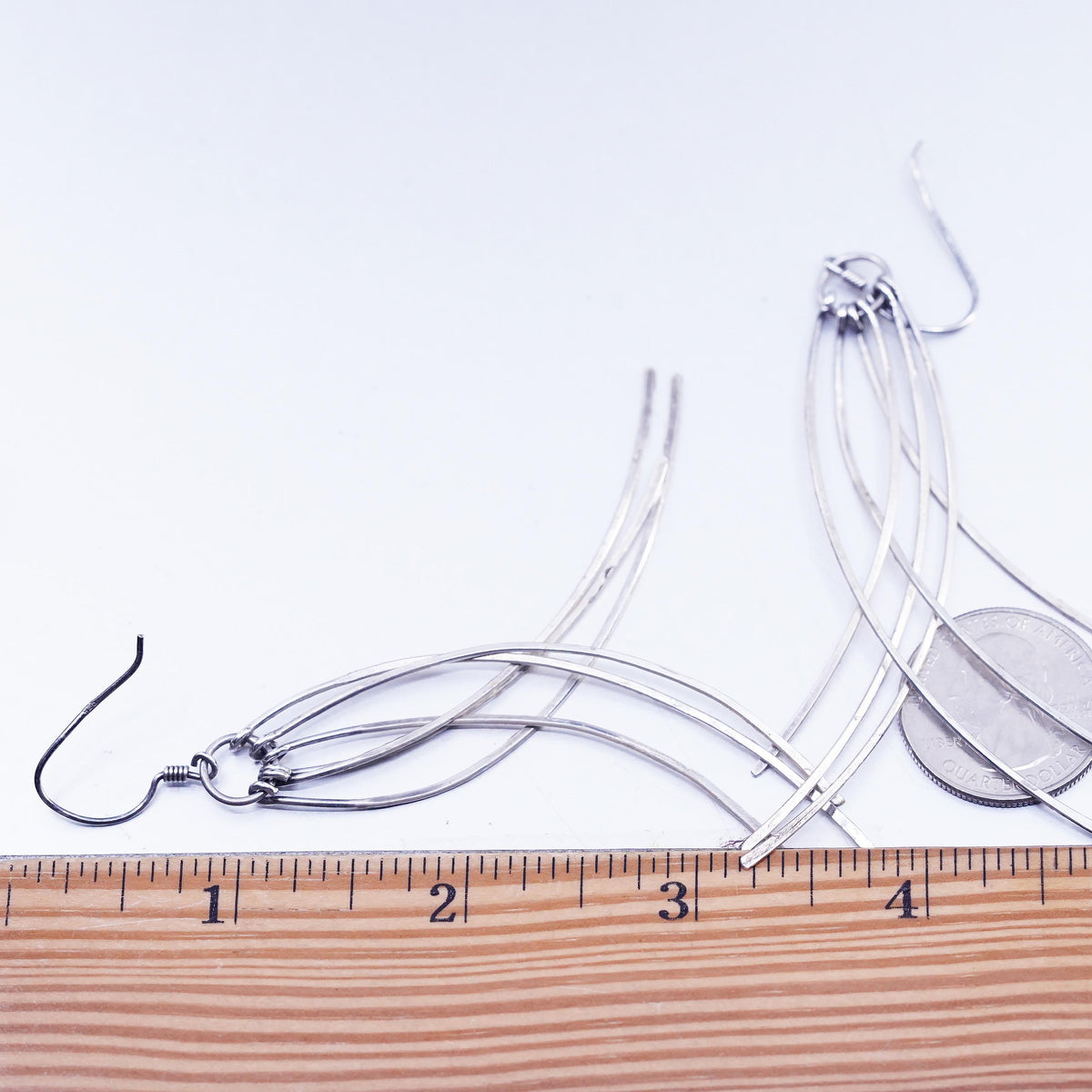 Vintage Sterling Silver 925 Long Dangle Earrings Multi Strand Curved Wire Drops