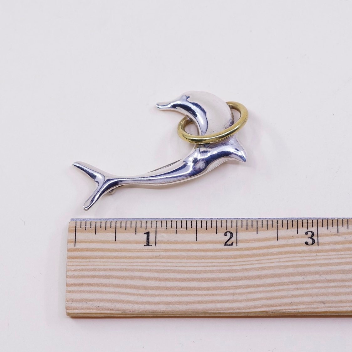 Vintage two Tone sterling silver handmade brooch, solid 925 silver dolphin w/ brass ring, stamped 925 mexico