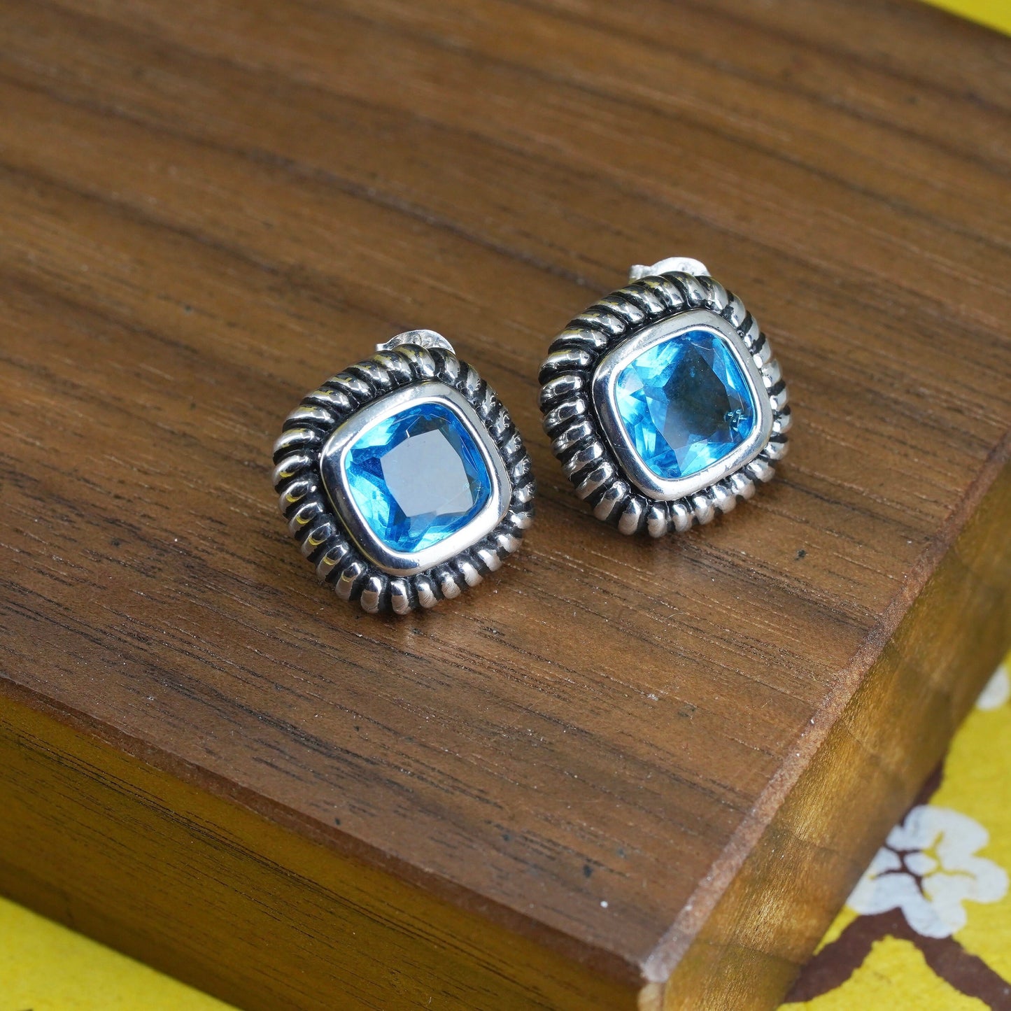 Vintage Sterling silver handmade earrings, 925 rubber studs with blue topaz