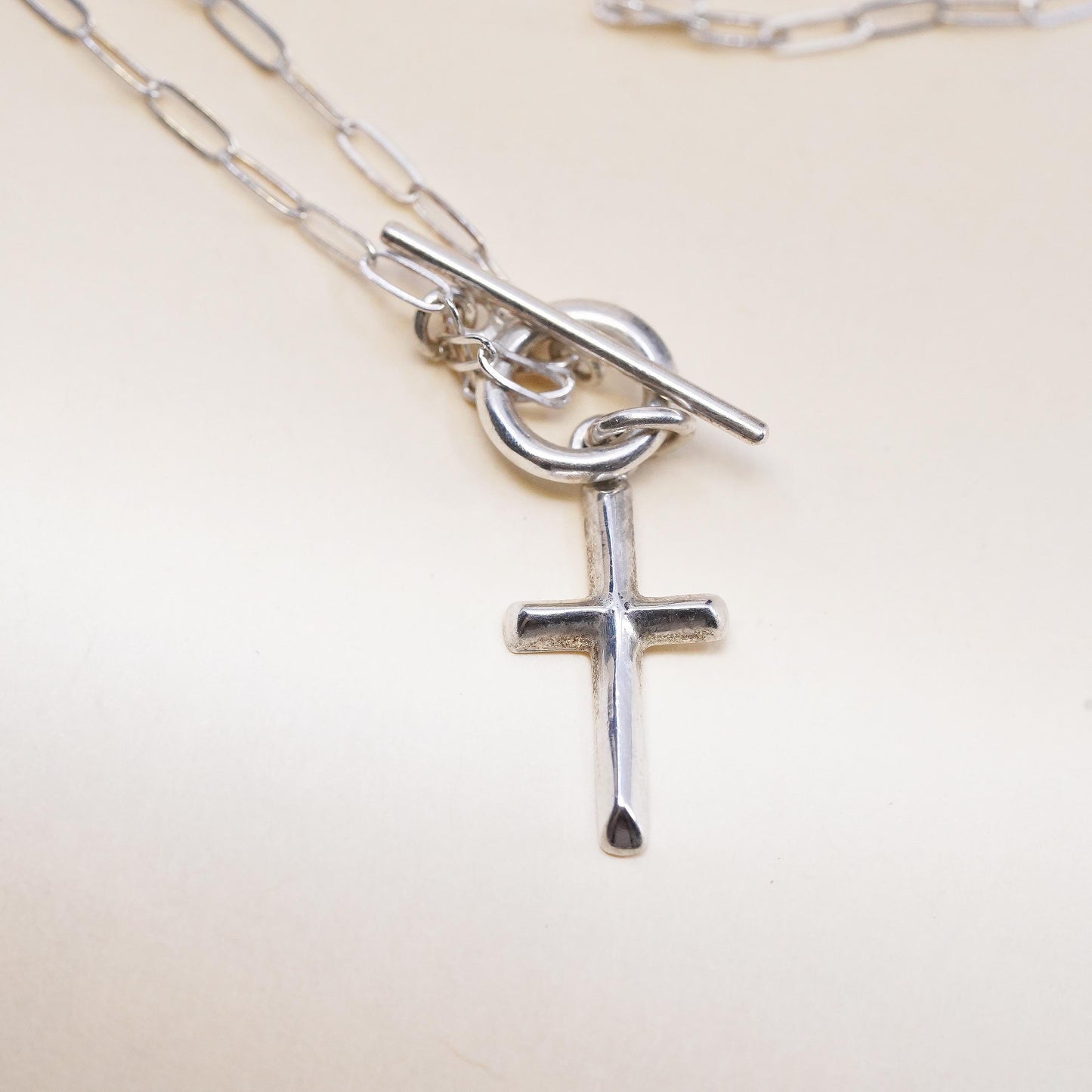 20”, sterling 925 silver necklace, cross pendant elongated chain toggle closure