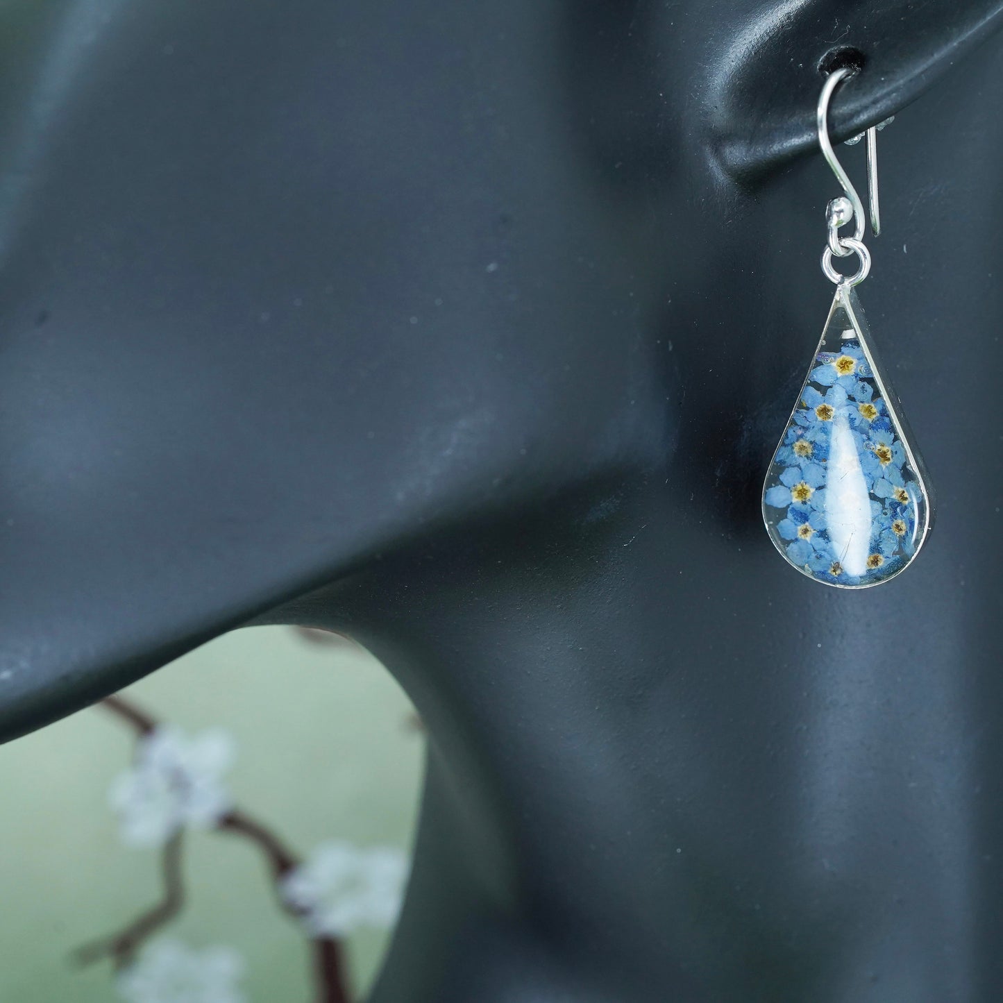 Vintage Mexico sterling silver earrings, 925 teardrop with purple flower resin