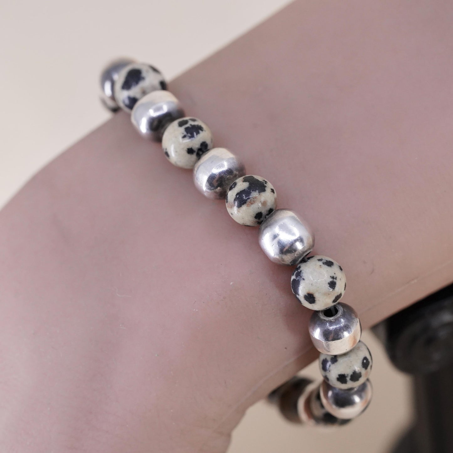 6.5”, Sterling Silver 925 Dalmatian Jasper Bead Bracelet, Spotted Jasper Beaded