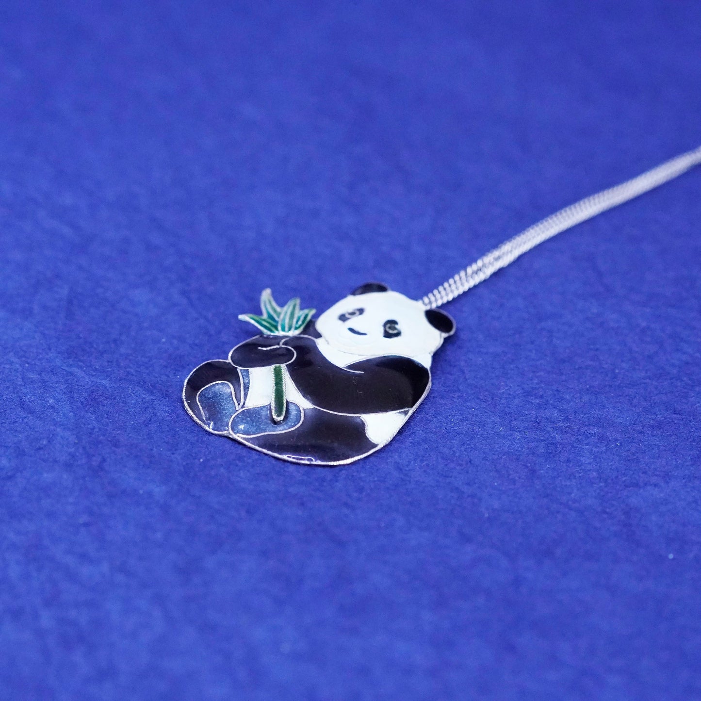16+4”, sterling silver handmade necklace, 925 curb chain enamel panda pendant