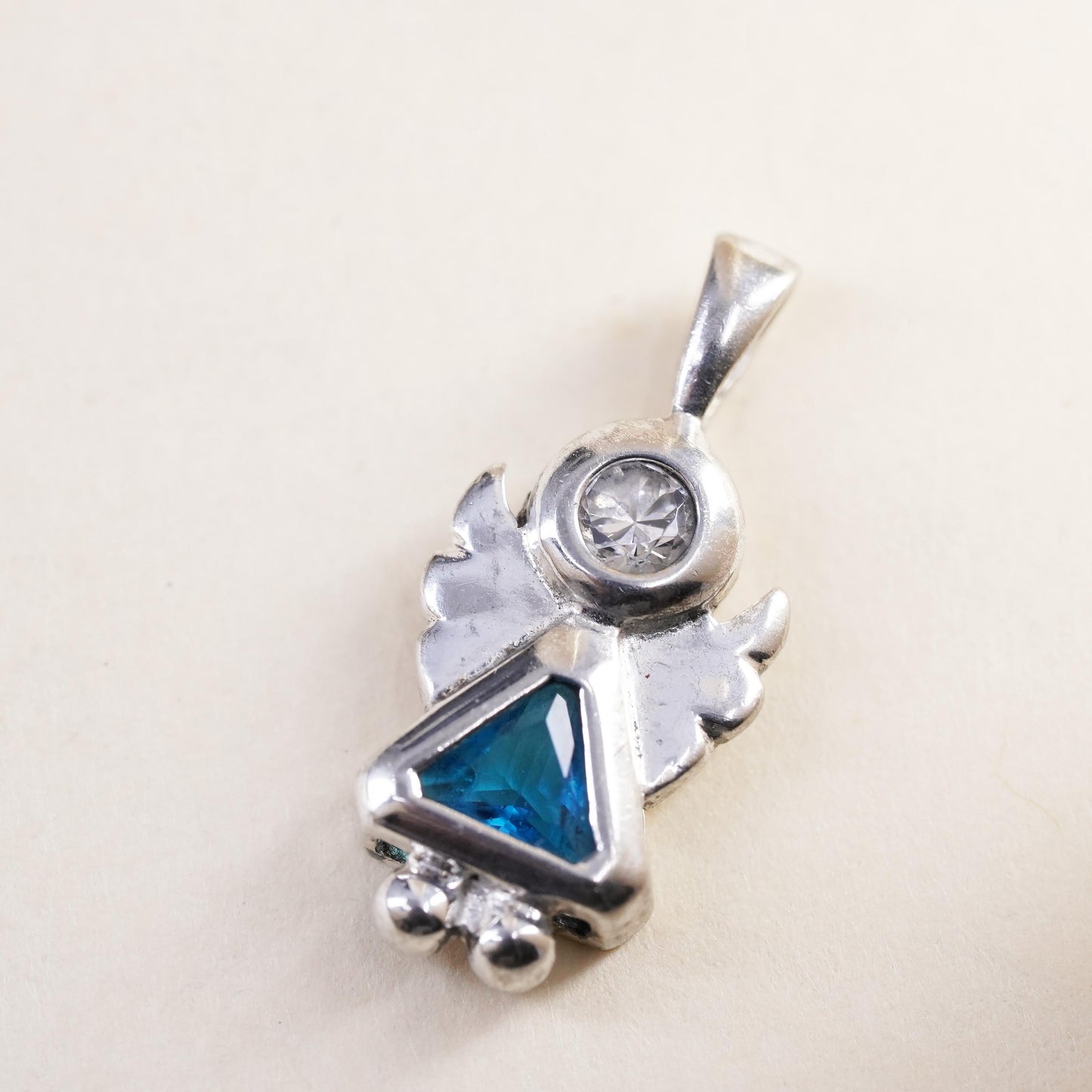 Sterling silver angel charm, 925 pendant with blue crystal inlay