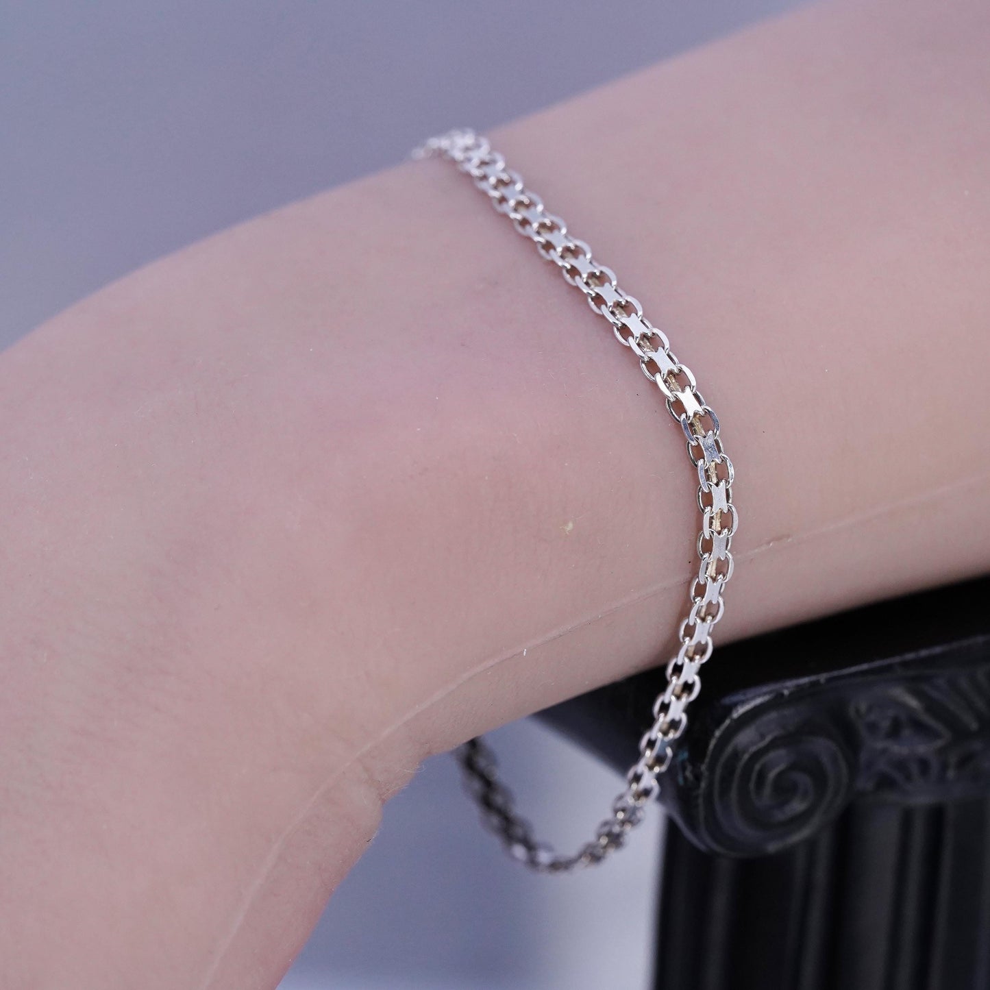 7" 4mm, Vintage Italia Sterling 925 silver bracelet, flatten curb link chain