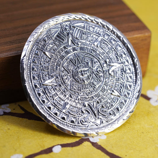 southwestern Mexican sterling 925 silver brooch, pendant Mayan Aztec Calendar