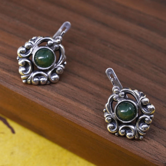 Soviet Sterling Silver 875 studs Earrings with jade lever back, USSR Jewelry