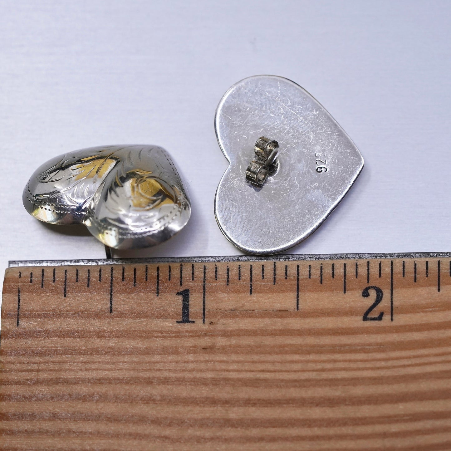 Vintage Sterling silver handmade earrings, textured 925 heart studs
