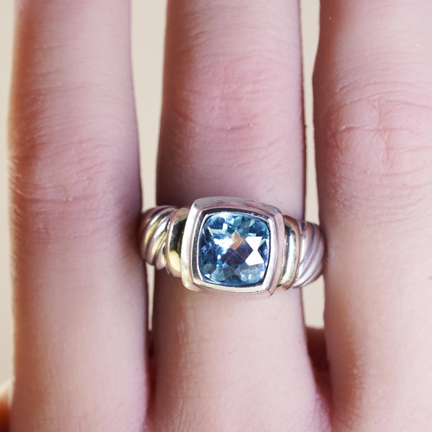 Size 8.75, David Yurman Sterling 925 silver cable ring square blue topaz 14K