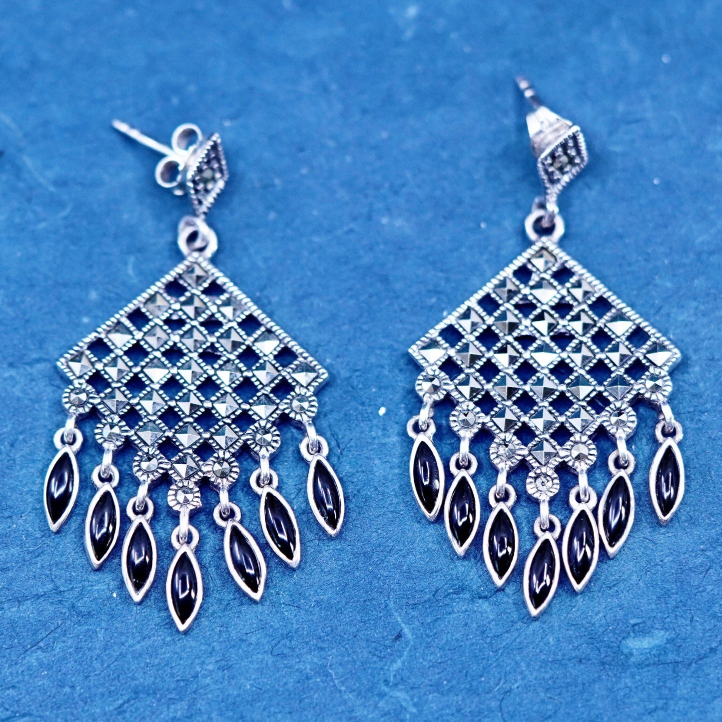 sterling 925 silver diamond shaped earrings with marcasite onyx fringe