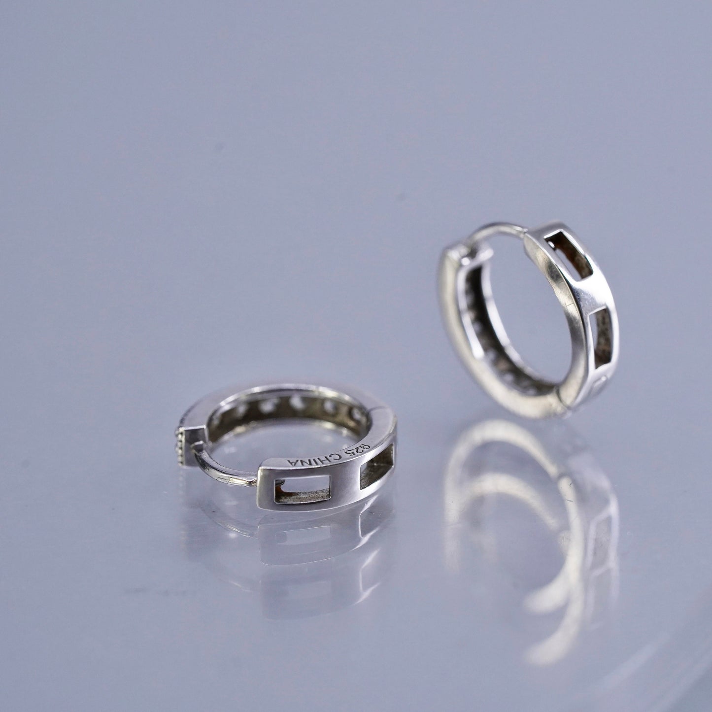 0.5”, vintage Sterling silver handmade earrings, 925 huggie hoops with cz