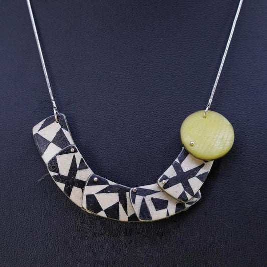 18”, Vintage Sterling 925 silver necklace, snake chain w/ colored wood pendant