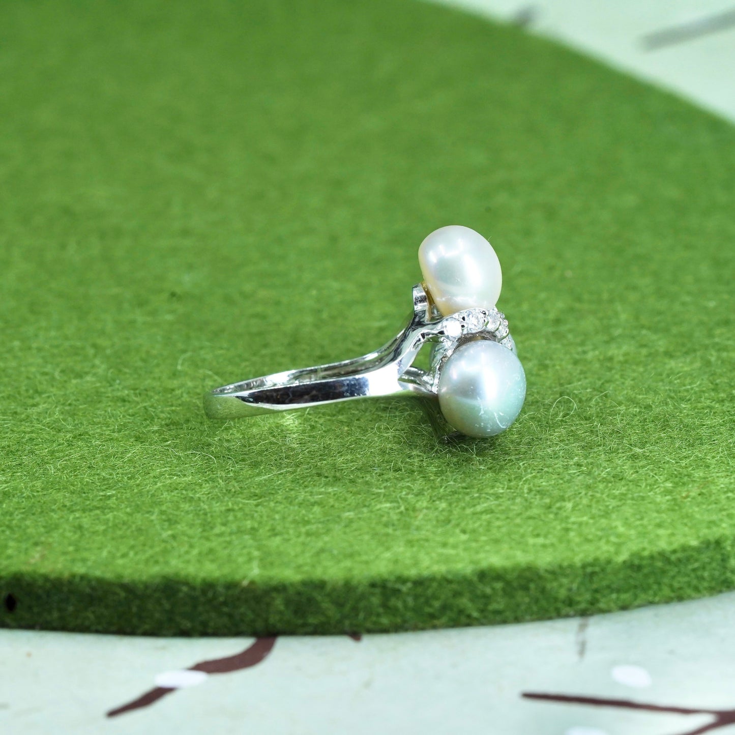 Size 9.25, vintage Sterling silver handmade ring, 925 band with pearls and cz