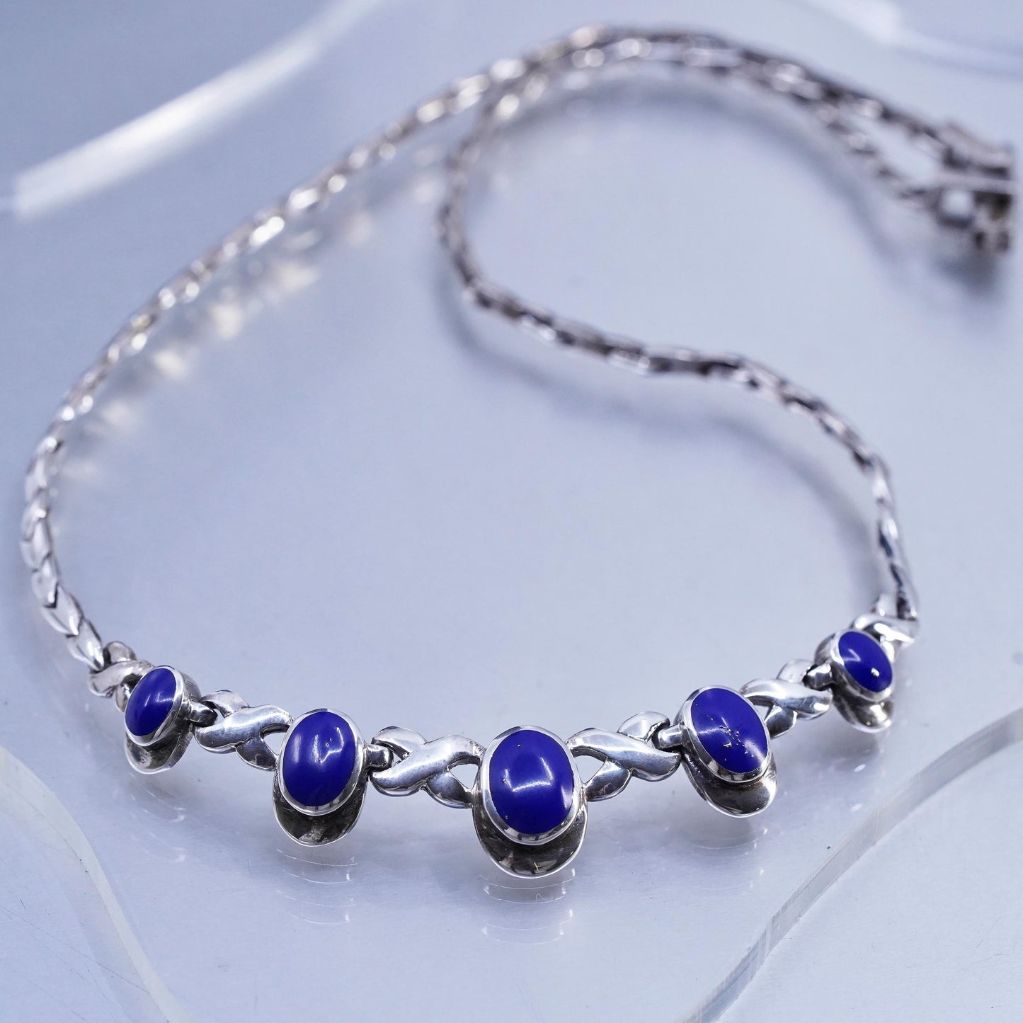 16" 3mm, vintage southwestern Sterling silver 925 tennis necklace with blue onyx