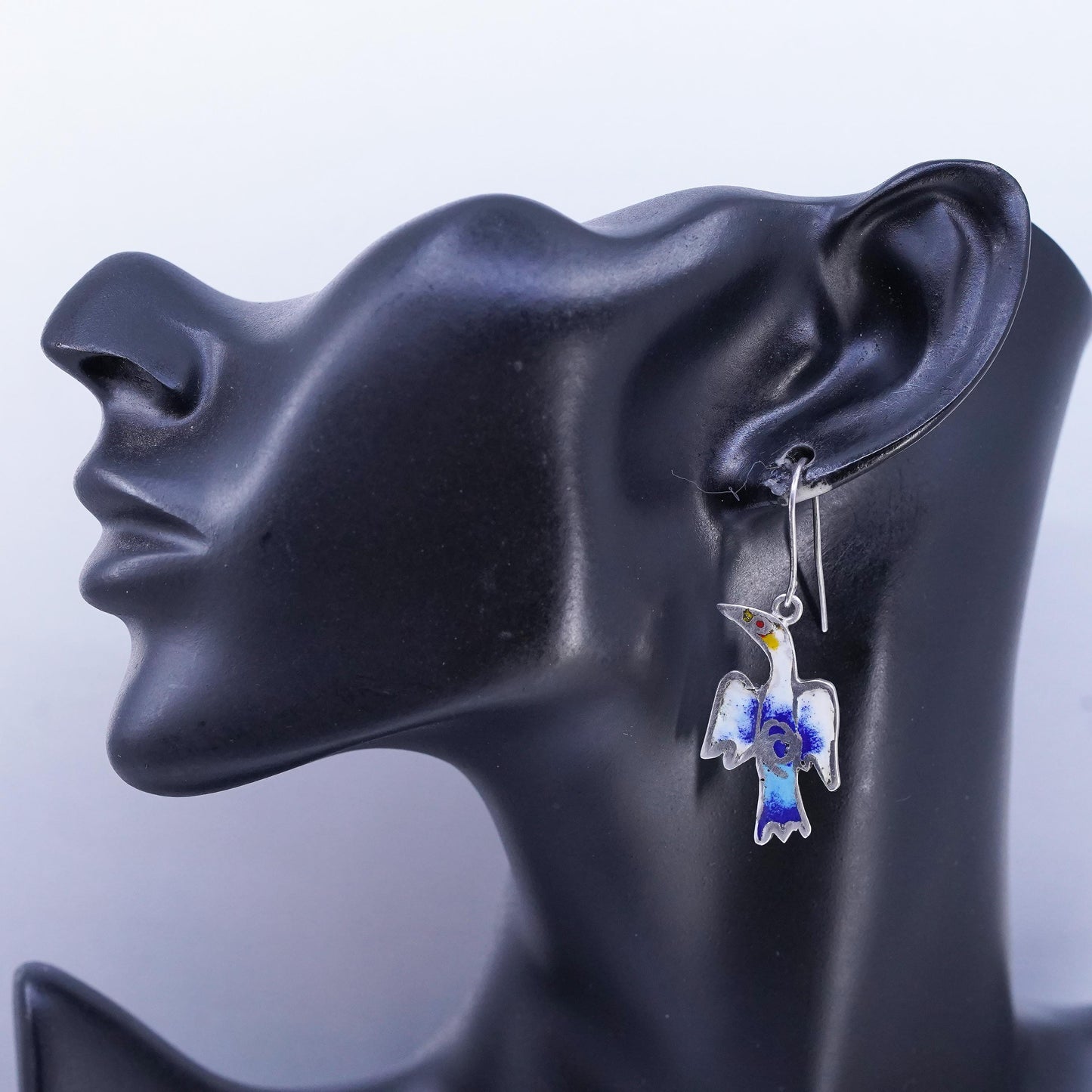 Vintage Designer Sterling 925 silver handmade bird earrings with enamel inlay