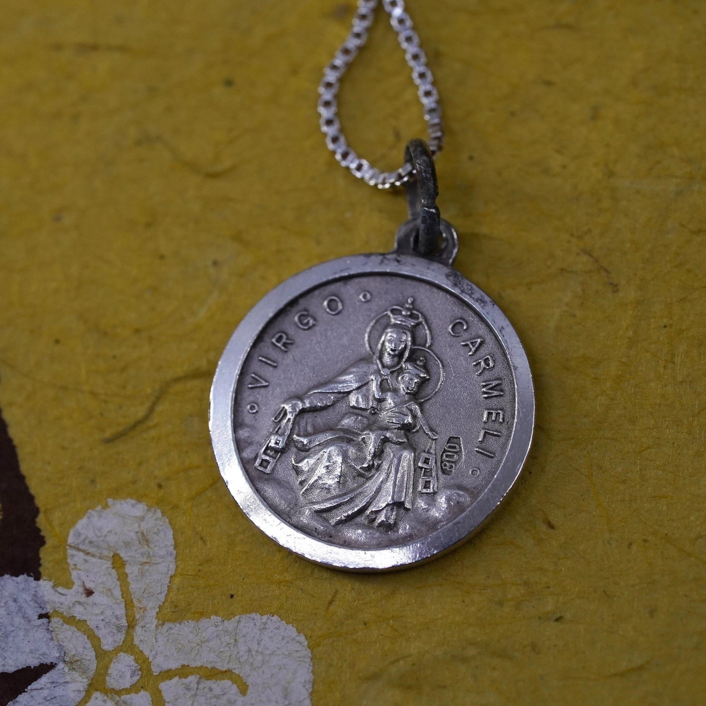 Sterling silver pendant, 925 box chain with double sided Jesus Virgo Carmelo