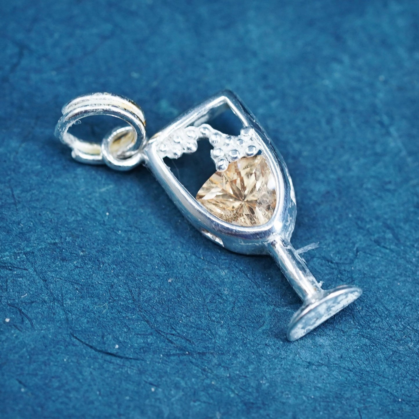 Sterling silver handmade pendant, 925 champagne glass charm with orange crystal