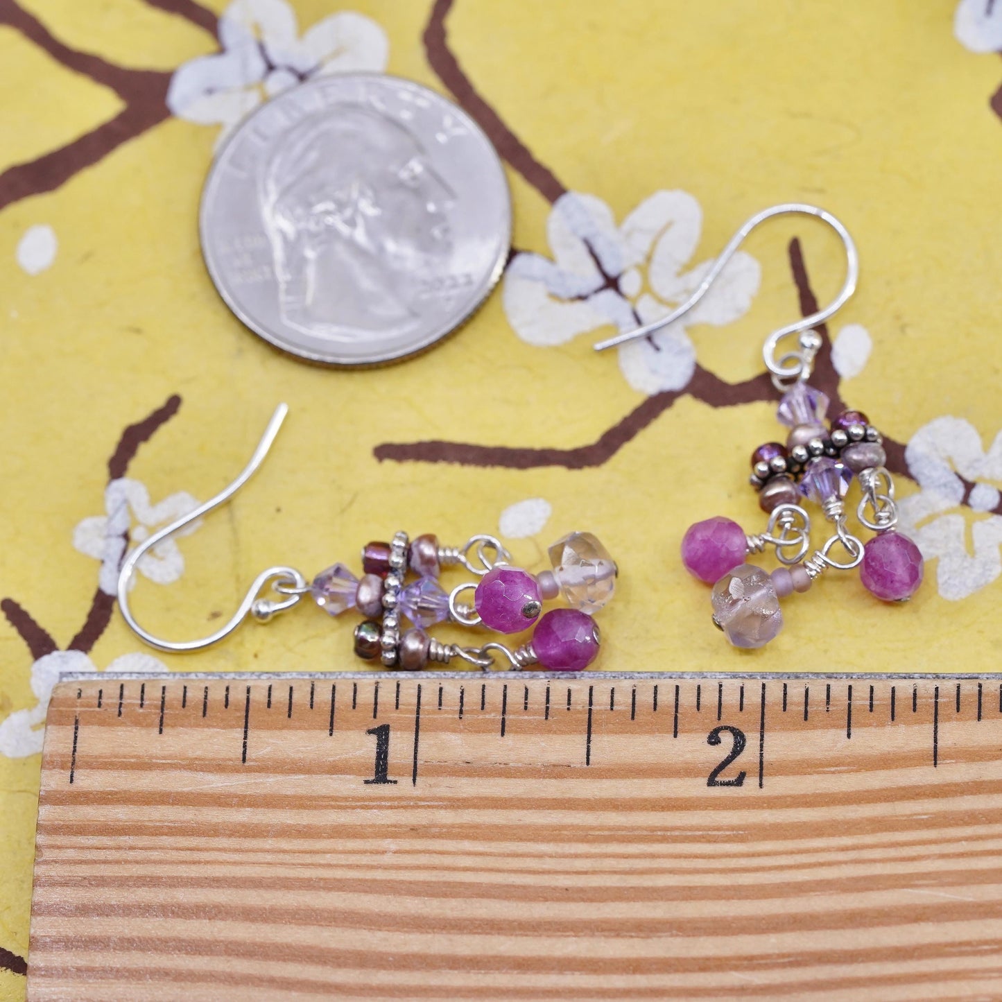 Vintage Sterling 925 silver handmade earrings with crystal and ruby beads