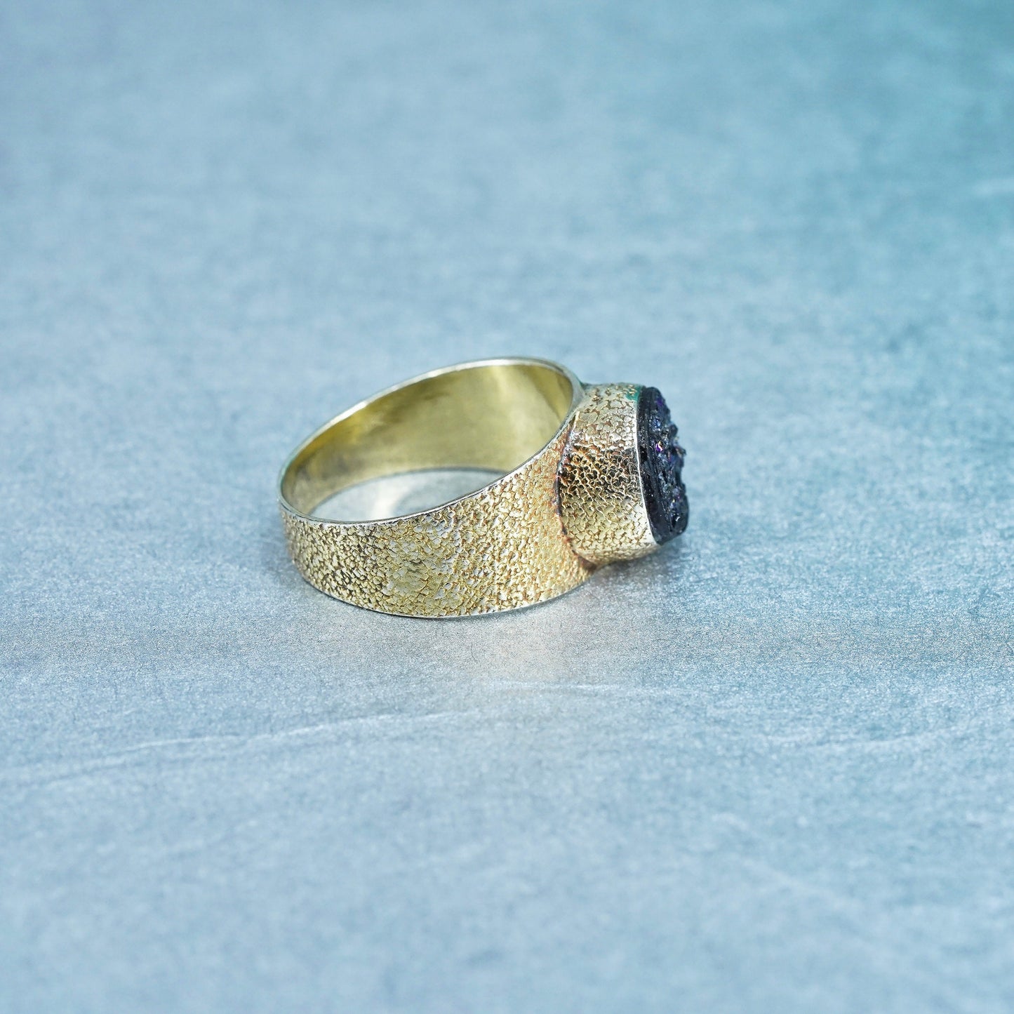 Size 9.5, vermeil gold over Sterling 925 silver ring druzy glittering stone