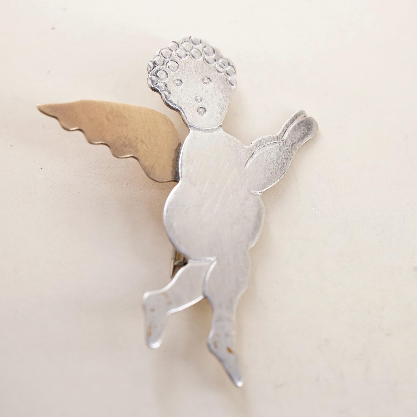 Vintage Sterling 925 Silver Signed DJI two tone angel brooch pin, brass wings