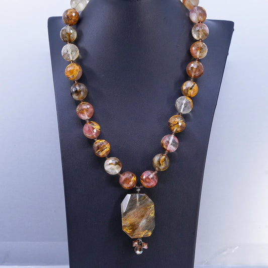 20", Vintage agate pink quartz necklace with sterling 925 silver toggle closure