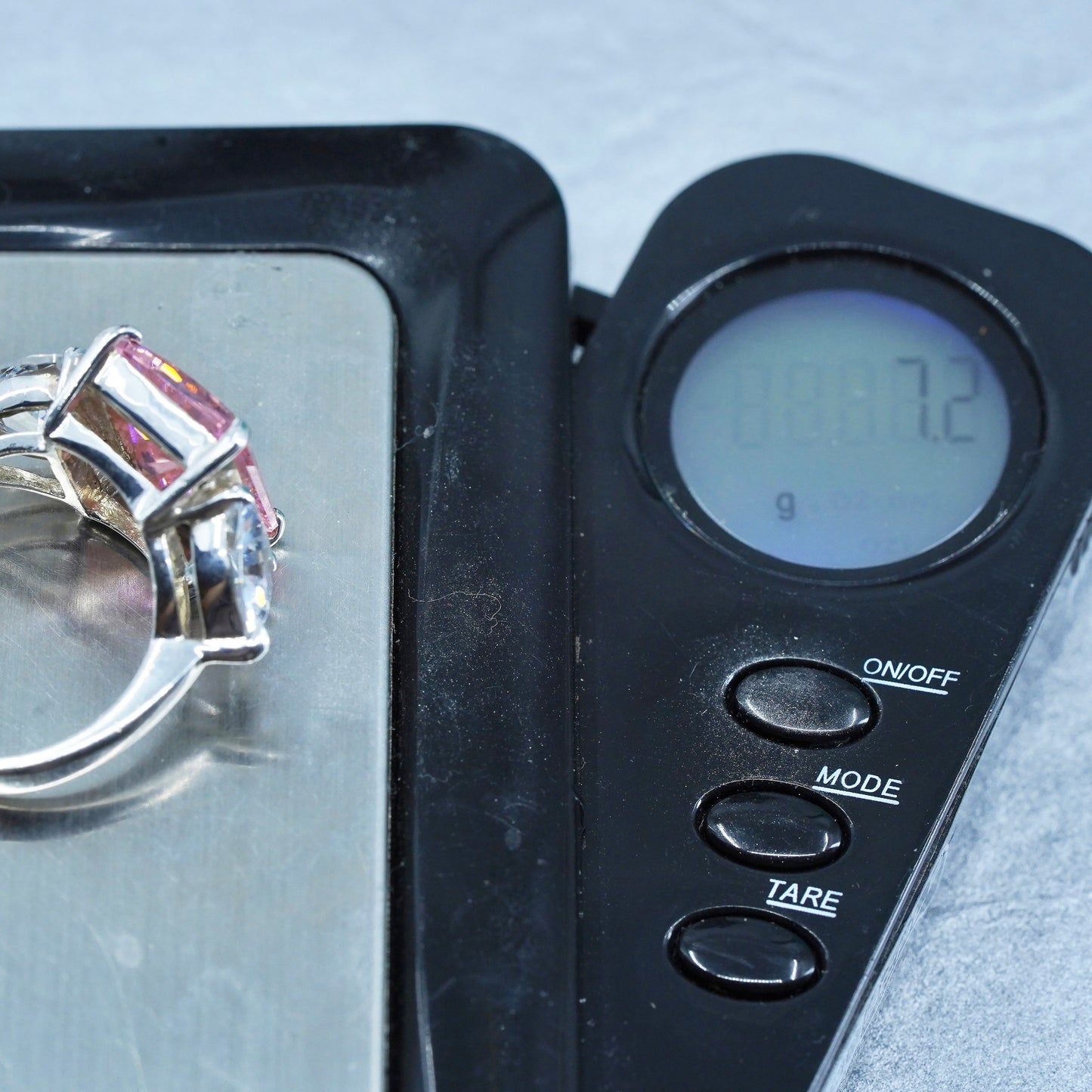 Size 7, vintage Sterling 925 silver handmade ring with rectangular pink Cz